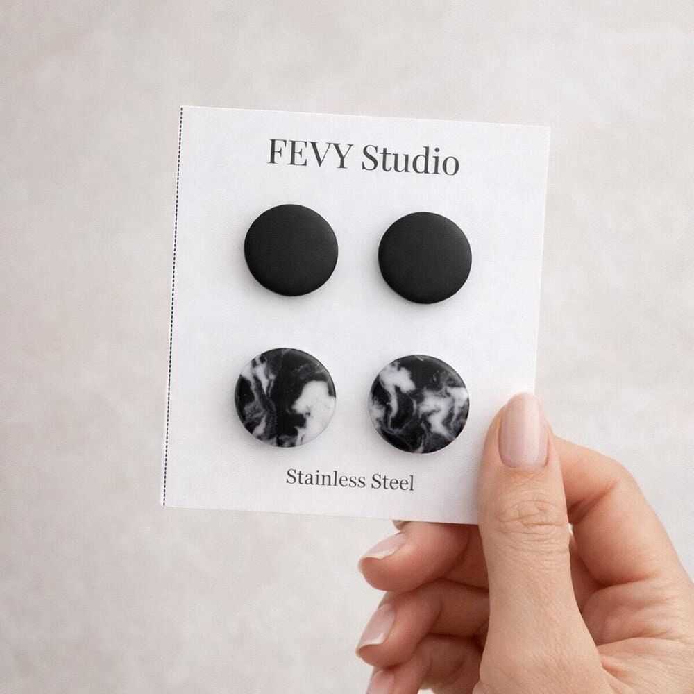 Matte Black Marble Stud Earrings Set, Minimalist Stainless Steel Jewelry